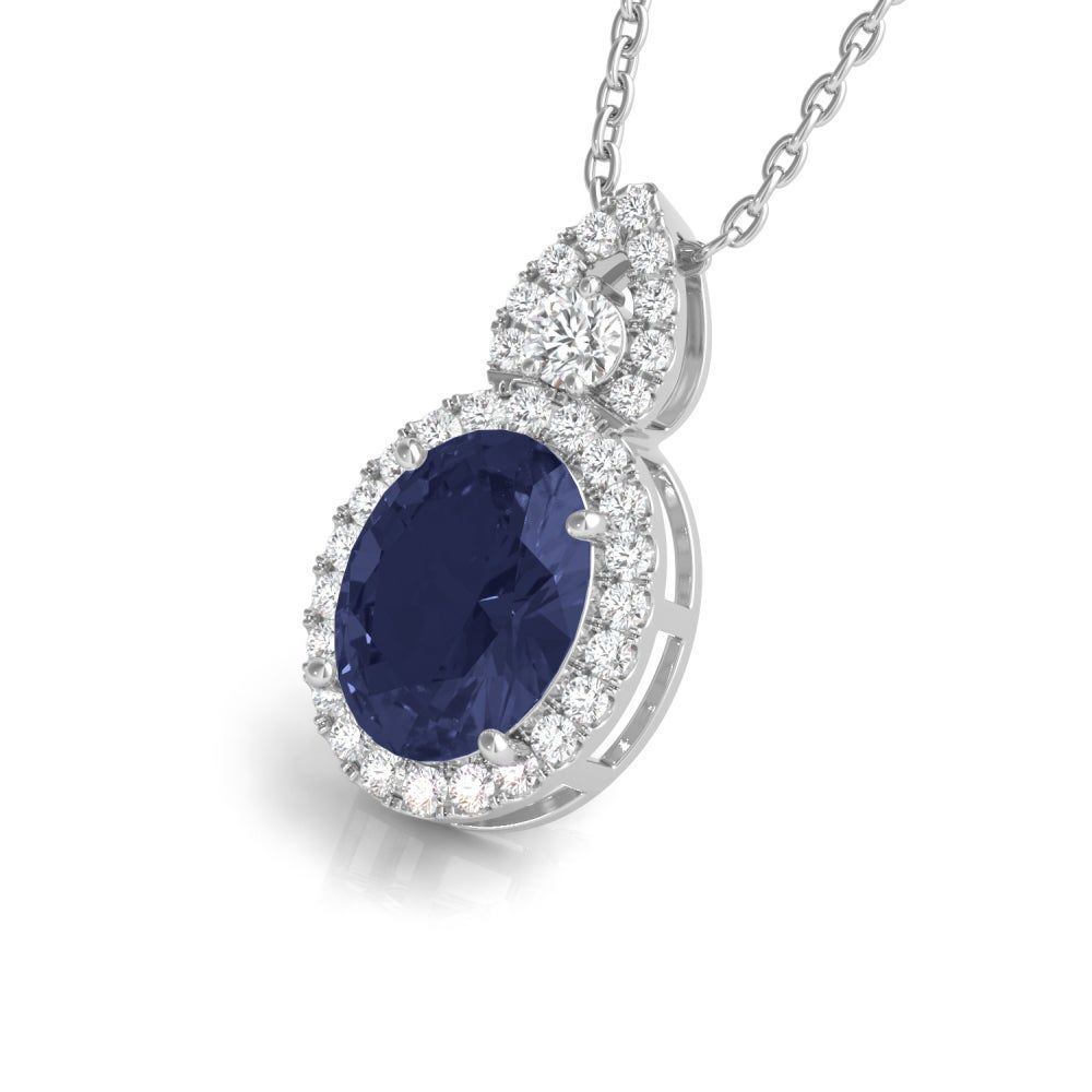 Lab-Created Blue Sapphire Oval Pendant with Lab-Created White Sapphire Halo in Sterling Silver