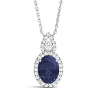 Lab-Created Blue Sapphire Oval Pendant with Lab-Created White Sapphire Halo in Sterling Silver