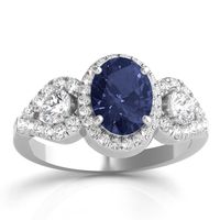 Lab-Created Blue Sapphire Oval Ring with Lab-Created White Sapphire Halo in Sterling Silver