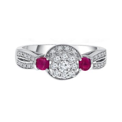 Diamond Cluster Ring with Lab-Created Ruby Side Stones Sterling Silver (1/3 ct. tw.)