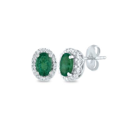 Oval Emerald Earrings with Diamond Halos in 14K White Gold (1/10 ct. tw.)