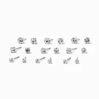 Silver Graduated Crystal Stud Earrings - 9 Pack