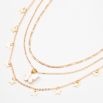 Gold Resin Butterfly Multi Strand Choker Necklaces - White, 2 Pack