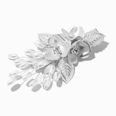 Matte Silver Pearl Floral Hair Barrette