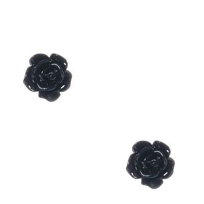 Black Glittered Carved Rose Stud Earrings