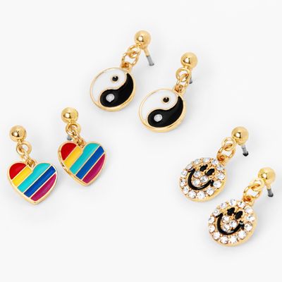 Gold Heart, Yin Yang, & Happy Face Drop Earrings - 3 Pack