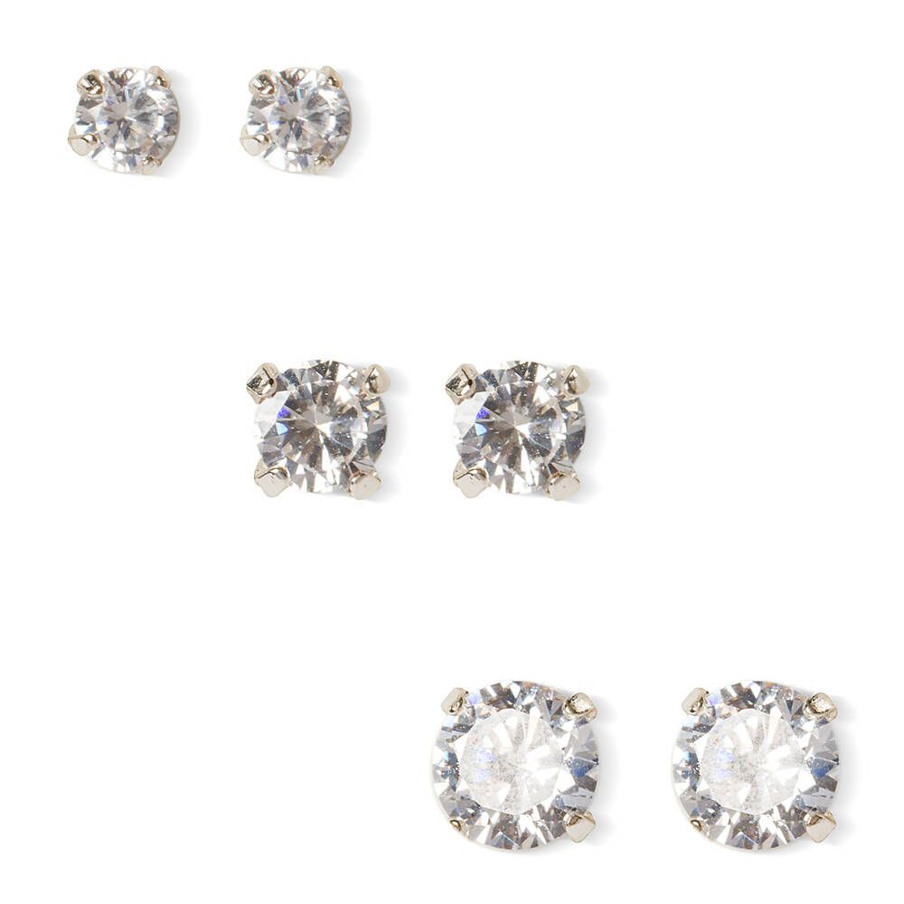 Silver Cubic Zirconia Round Stud Earrings - 6MM, 7MM, 8MM