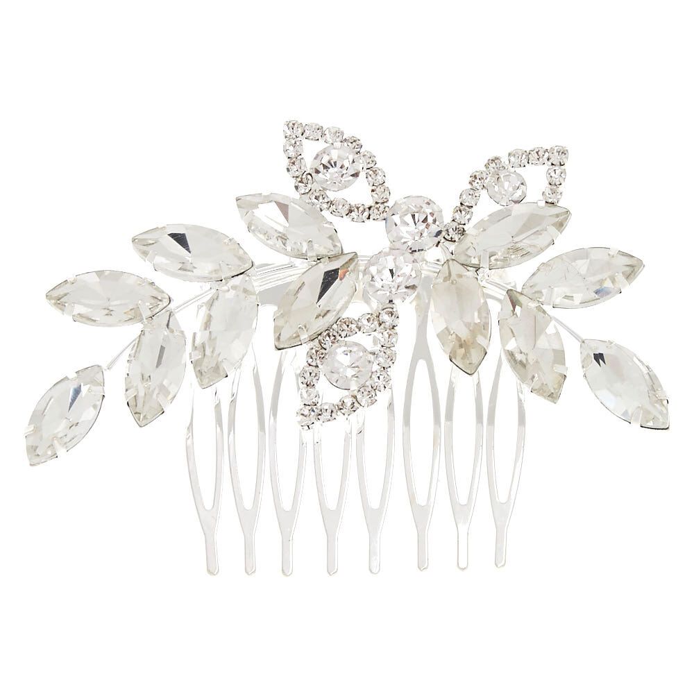 Silver-Tone Glass Stone Leaf Hair Comb