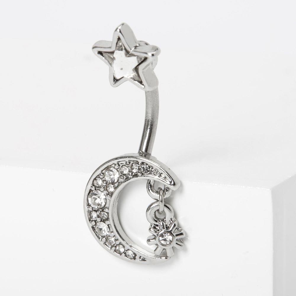 Silver 14G Embellished Crescent Moon Dangle Belly Ring