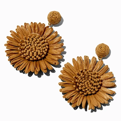 Brown Raffia Sunflower 3" Drop Earrings