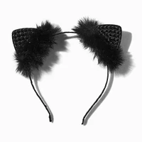 Black Fur & Gemstones Cat Ears Headband