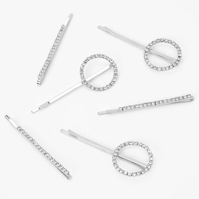 Silver Faux Diamond Circle Bobby Pins- 6 Pack