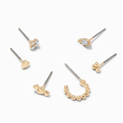 Gold Mixed Heart Single Hoop & Stud Earrings - 6 Pack