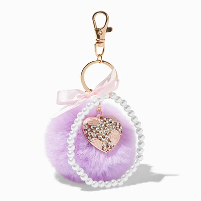 Purple Pom Pom Heart Charm Keychain