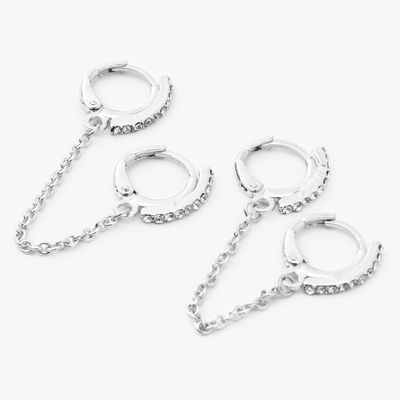 Silver Connector Chain Huggie Hoop Earrings