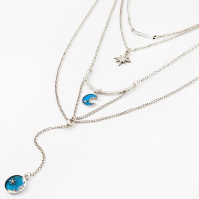 Silver Celestial Y-Neck Multi Strand Necklace - Blue