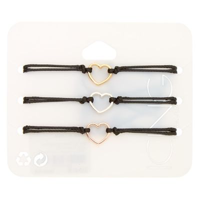 Mixed Metal Heart Adjustable Bracelets - Black, 3 Pack