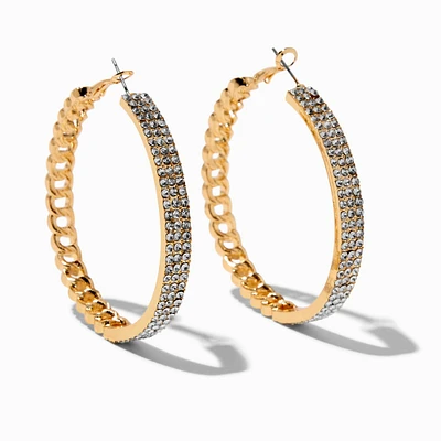 Gold-tone Crystal Cuban Chain 70MM Hoop Earrings