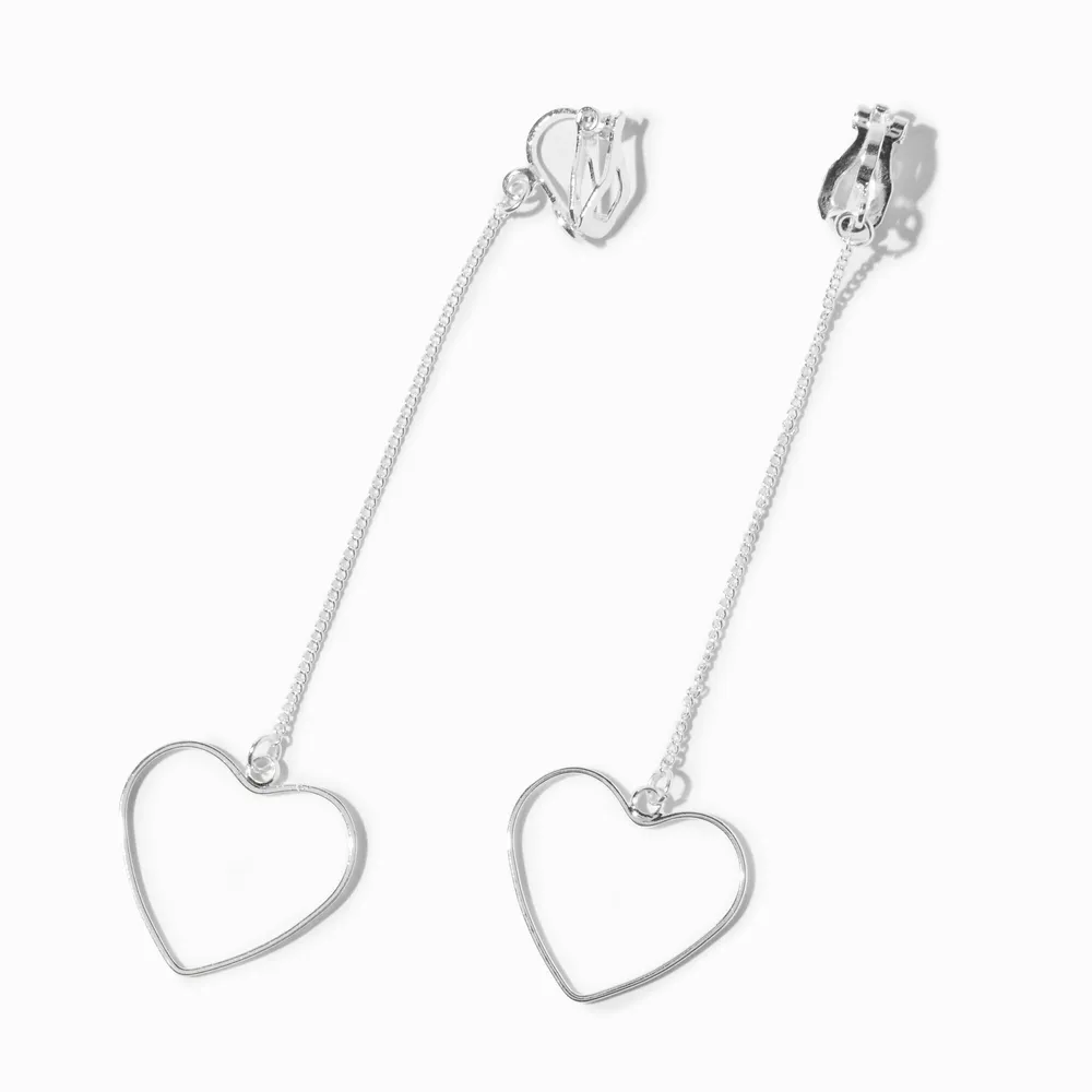 Silver 3" Heart Linear Clip-On Drop Earrings