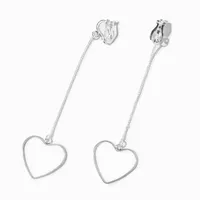 Silver 3" Heart Linear Clip-On Drop Earrings