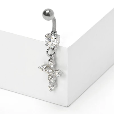 Silver 14G Crystal Cross Belly Ring