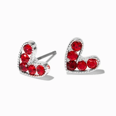 Silver-tone Red Crystal Heart Stud Earrings