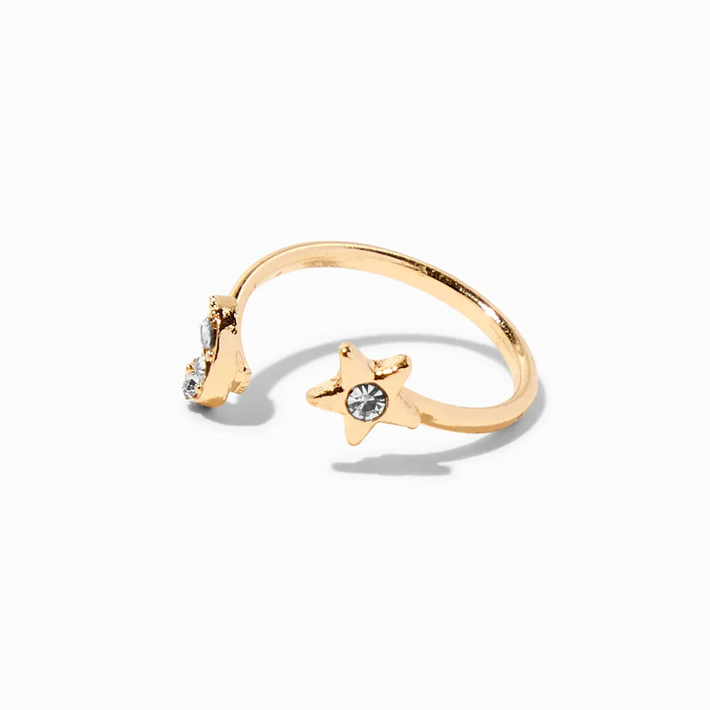Gold Star & Moon Open Front Crystal Toe Ring