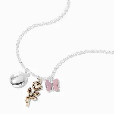 Silver Locket Rose & Butterfly Pendant Necklace