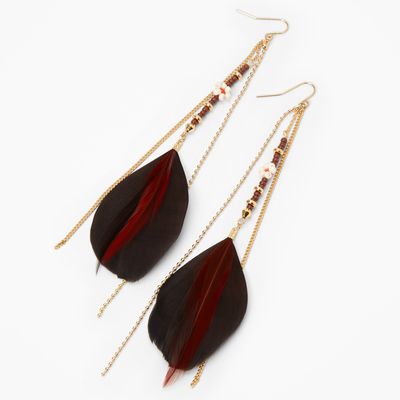 Gold 6" Brown & Black Beaded Feather Drop Earrings