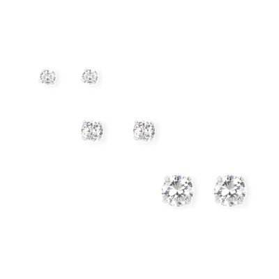 Silver Cubic Zirconia Round Martini Set Stud Earrings  - 3MM, 4MM, 6MM