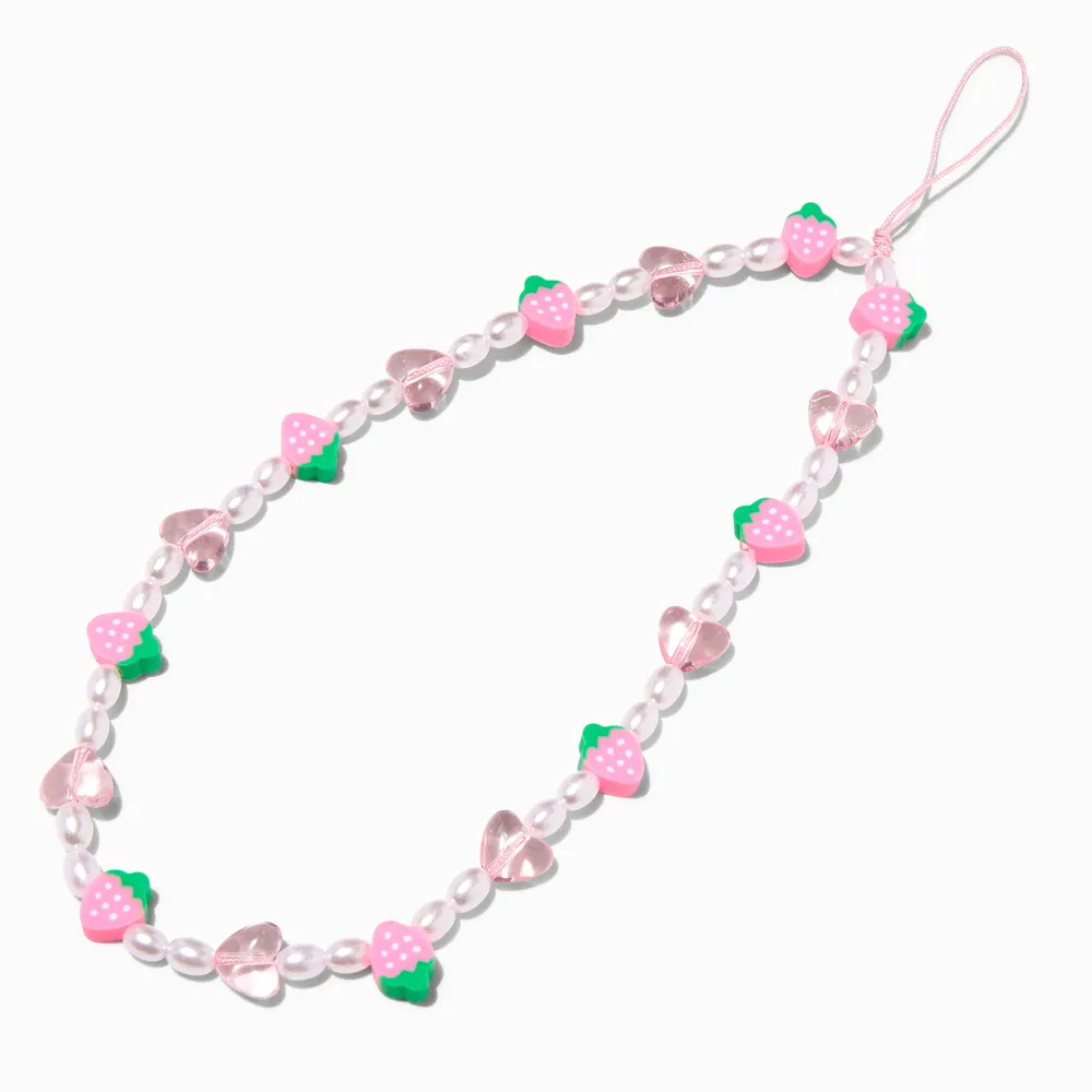 Pink Strawberry Beaded Phone Wrist Strap