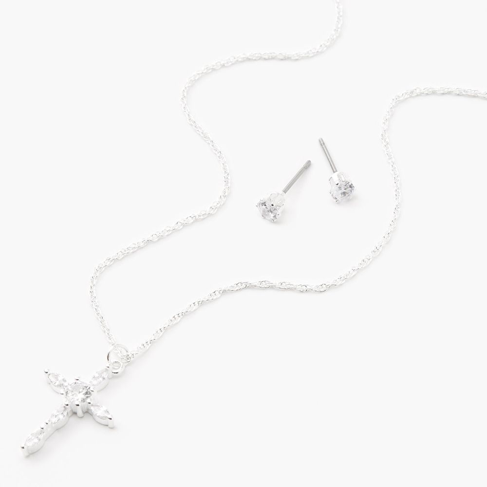 Silver Cubic Zirconia Cross Jewelry Set - 2 Pack