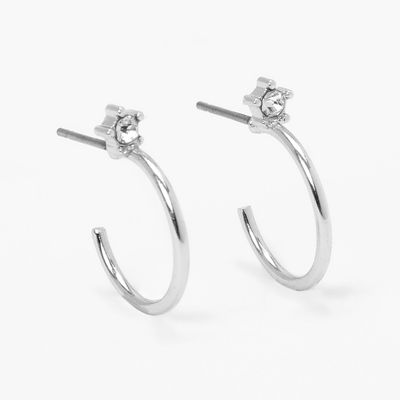 Silver 15 MM Crystal Star Half Hoop Earrings