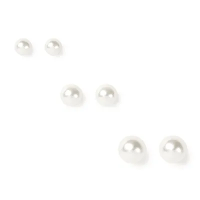 Small White Pearl Stud Earrings - 3 Pack