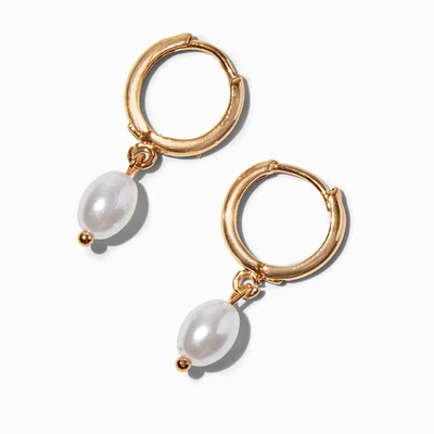 Gold 10MM Pearl Huggie Hoop Earrings