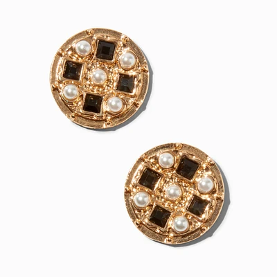 Black Rhinestone & Faux Pearl Disc Stud Earrings