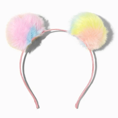 Pastel Rainbow Bear Furry Pom Pom Ears Headband