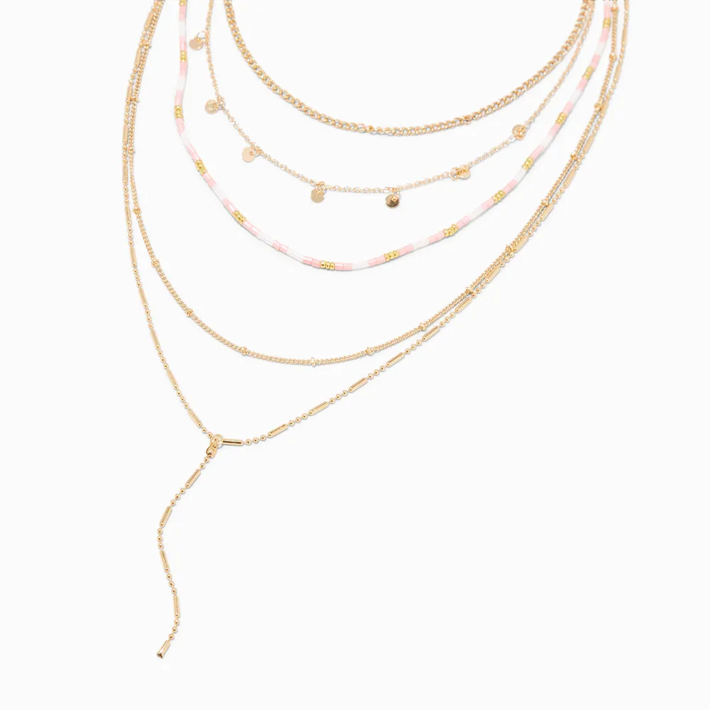 Gold Pink & Tan Seed Bead Disc Multi-Strand Y-Neck Necklace