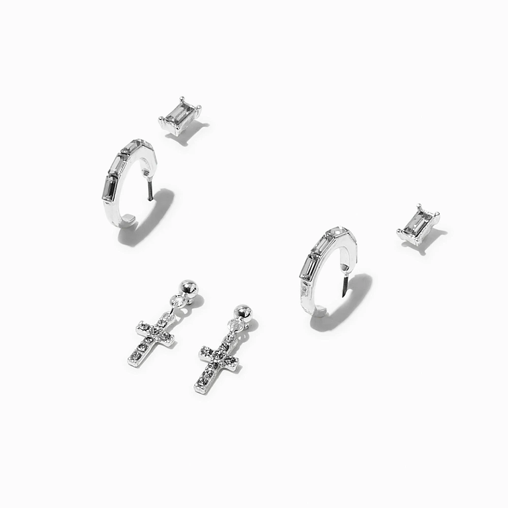 Silver-tone Cross Crystal Baguette Earring Stackables - 3 Pack