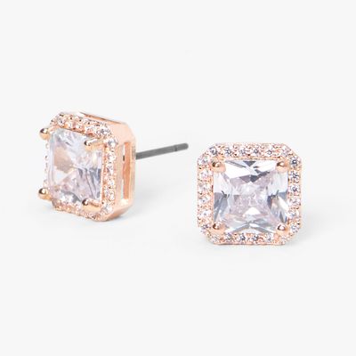 Rose Gold Square Cubic Zirconia Halo Stud Earrings