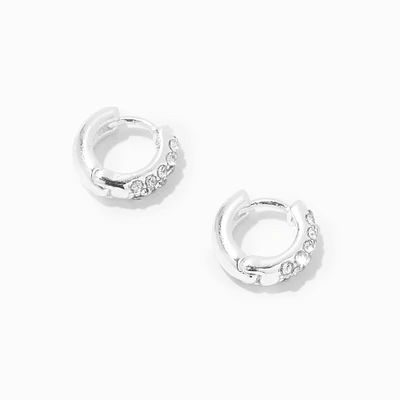 Silver 10MM Crystal Huggie Hoop Earrings