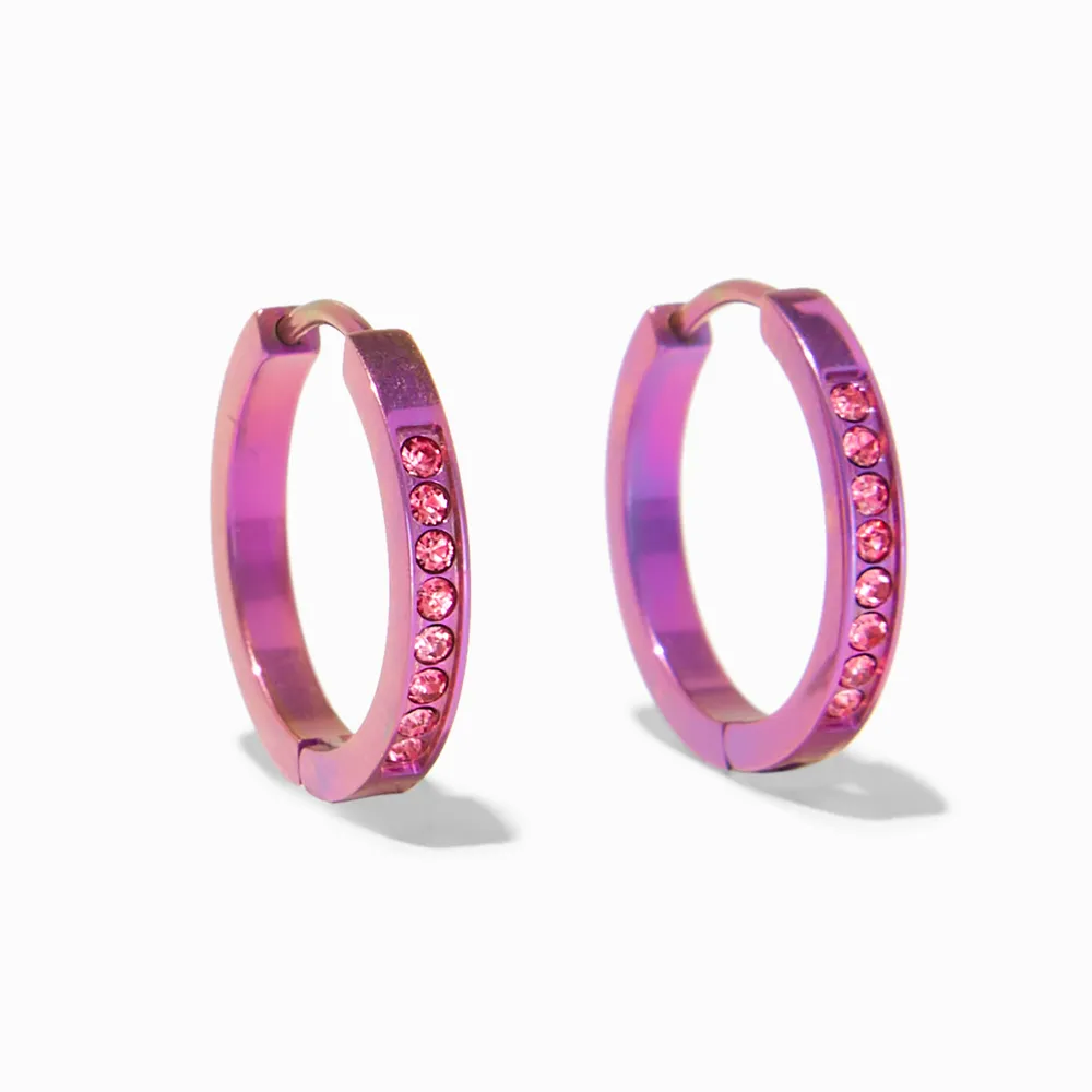 Titanium 12MM Pink Anodized Crystal Hoop Earrings