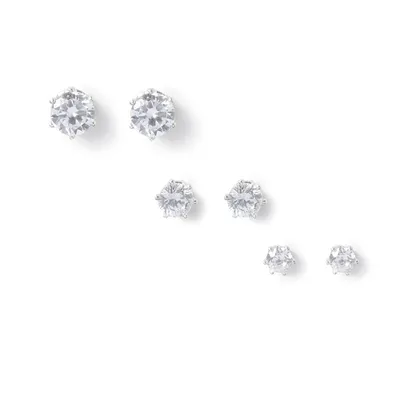 Round Cubic Zirconia Six Prong Set Stud Earrings  - 3 Pack