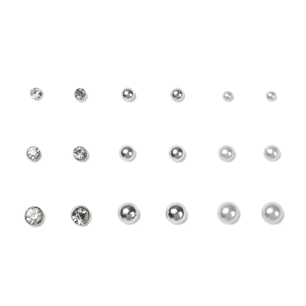 Silver Graduated Crystal Pearl Stud Earrings - 9 Pack