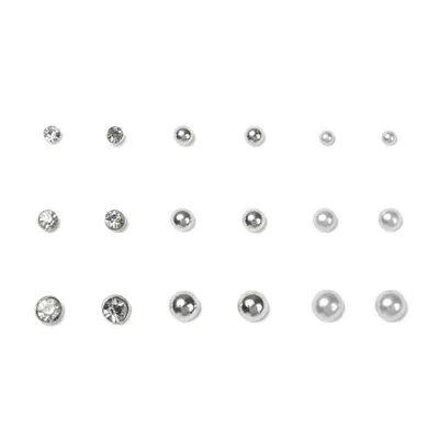 Silver Graduated Crystal Pearl Stud Earrings - 9 Pack