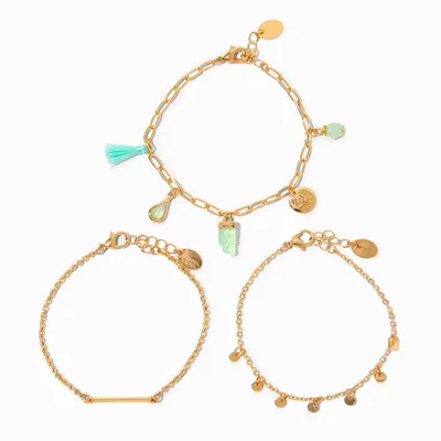 Mint Charm Gold Chain Bracelets - 3 Pack