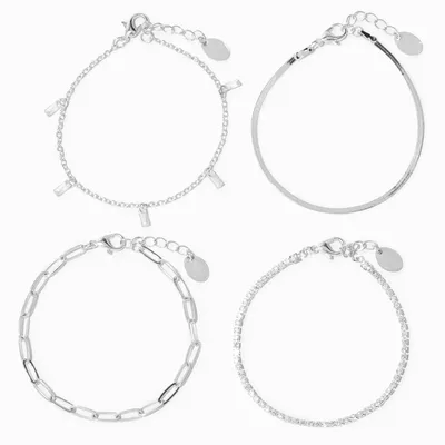 Silver Cubic Zirconia Woven Chain Bracelets - 4 Pack