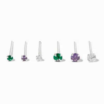 Sterling Silver 22G Jewel Tone Cubic Zirconia Nose Stud Set - 6 Pack