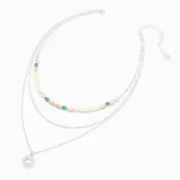 Silver Coin Pendant Color Beaded Multi-Strand Necklace