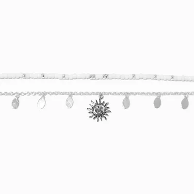 Silver Yin Yang Sunburst & White Beaded Choker Necklaces - 2 Pack